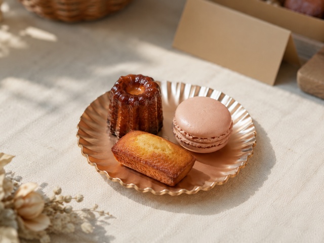 ピンクゴールドの紙製ミニトレーに焼き菓子を2〜3個盛り付けたミニセット