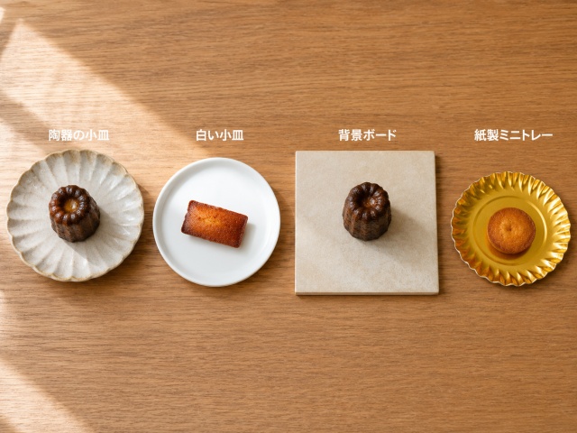 陶器の小皿、白い小皿、背景ボード、紙製ミニトレーを並べた撮影小物比較