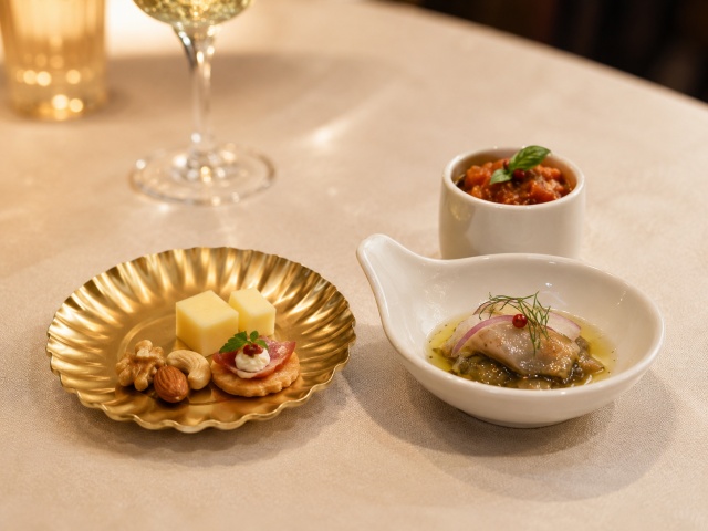 紙製ミニトレーに向く前菜と小皿やカップに向く汁気のある前菜を比較した写真