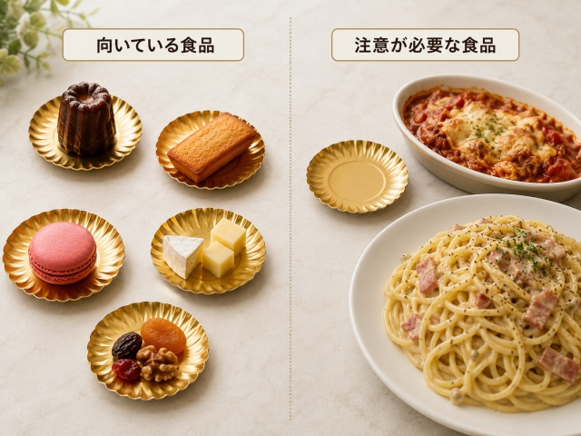 紙製ミニトレーに向いている食品と注意が必要な食品の比較