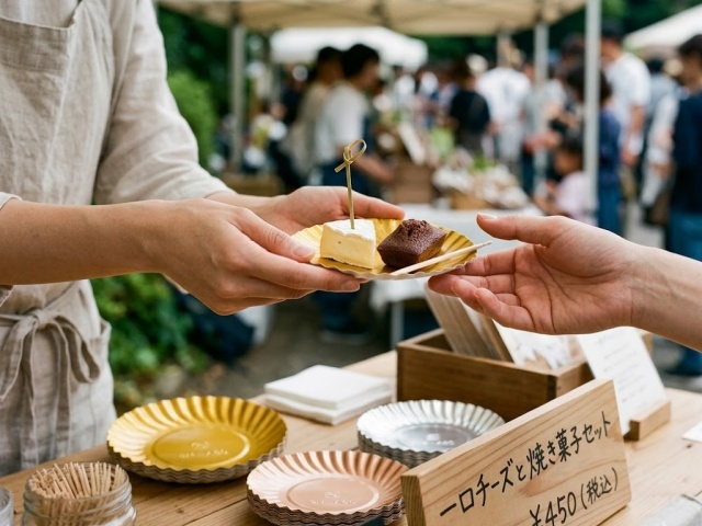 紙製ミニトレーにピックを添えて屋外イベントで手渡しする様子