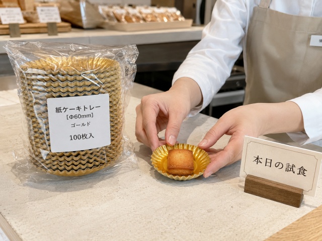未使用の紙製ミニトレーを店頭試食用に準備している様子