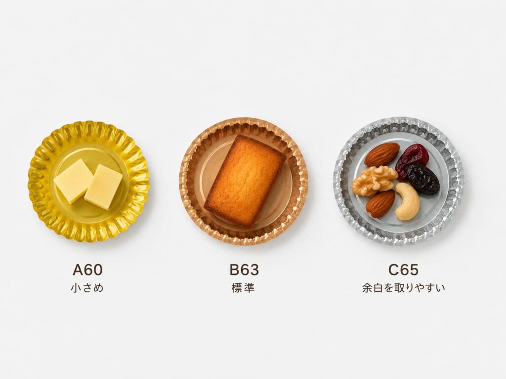 紙製ミニトレーにナッツやドライフルーツなどのおつまみを少量盛り付けた例