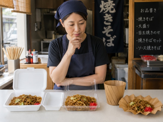 焼きそば容器を複数比較しながら選んでいる店主