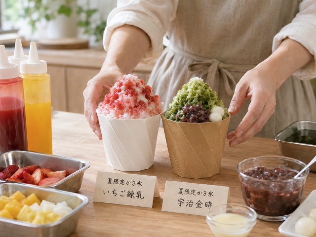 白い紙カップとクラフト紙カップのかき氷を店主が比較している様子