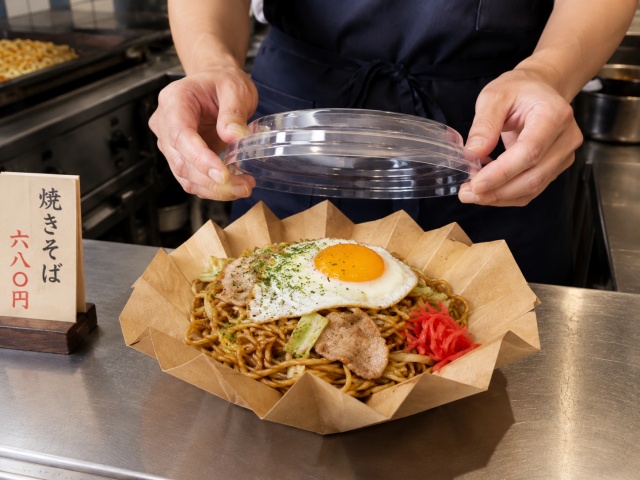 焼きそば一人前とトッピングを容器に盛り付けて量を確認している様子