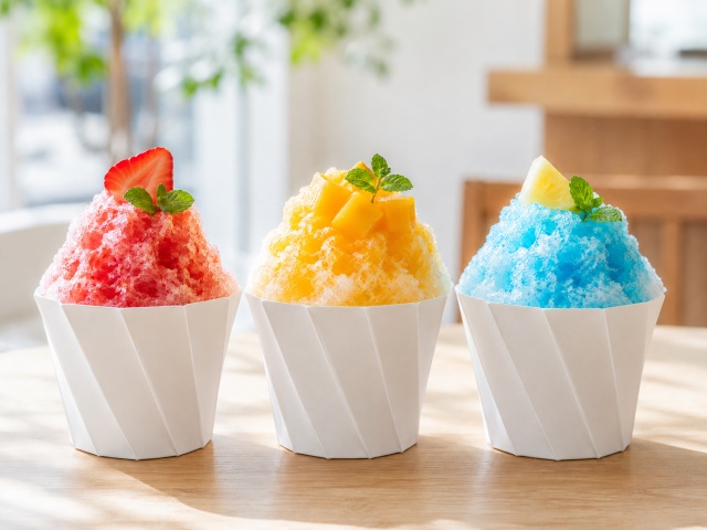 白い紙カップに入った赤・黄・青のシロップかき氷