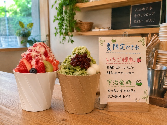カフェのカウンターに並ぶ白カップとクラフトカップのかき氷と日本語メニューPOP