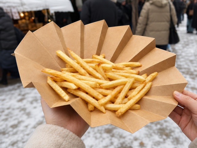 皿状に開いた紙カップにポテトを広げた様子