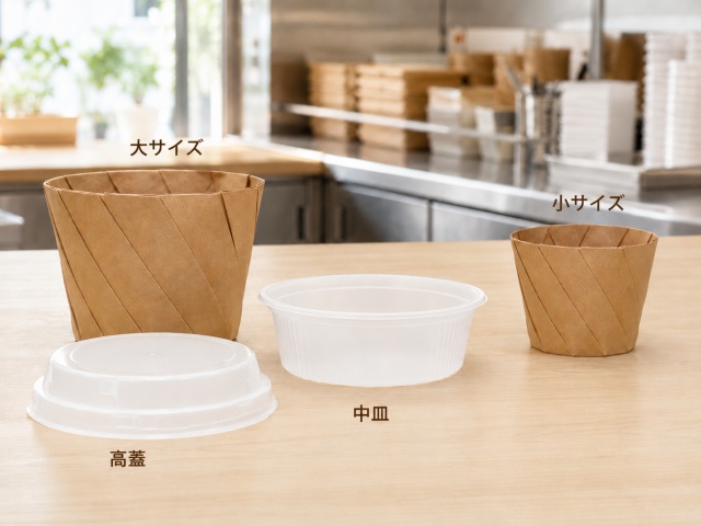 おりがみカップの本体、蓋、中皿を並べた対応オプション一覧写真