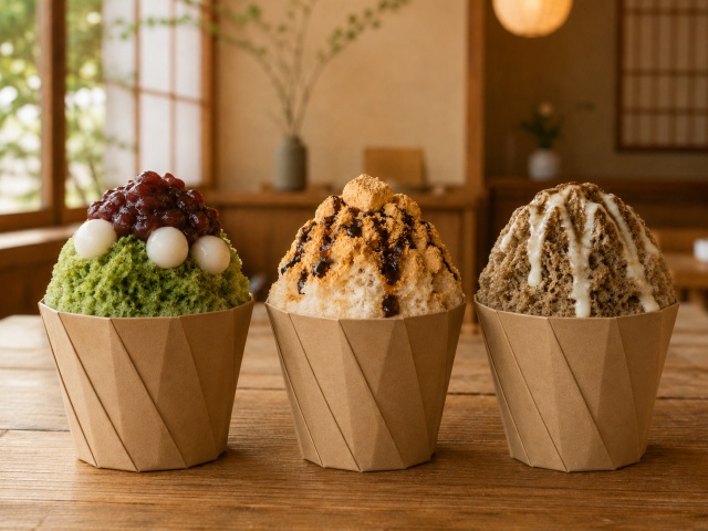 クラフト紙カップに入った宇治金時、黒蜜きなこ、ほうじ茶のかき氷