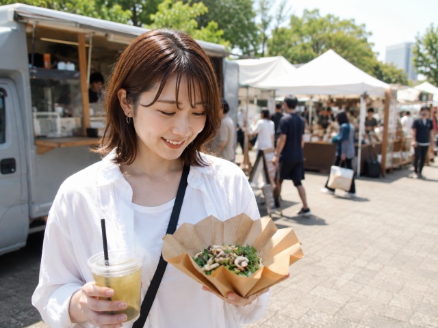 立体的な紙容器を片手で持ちながら食べ歩く来場者