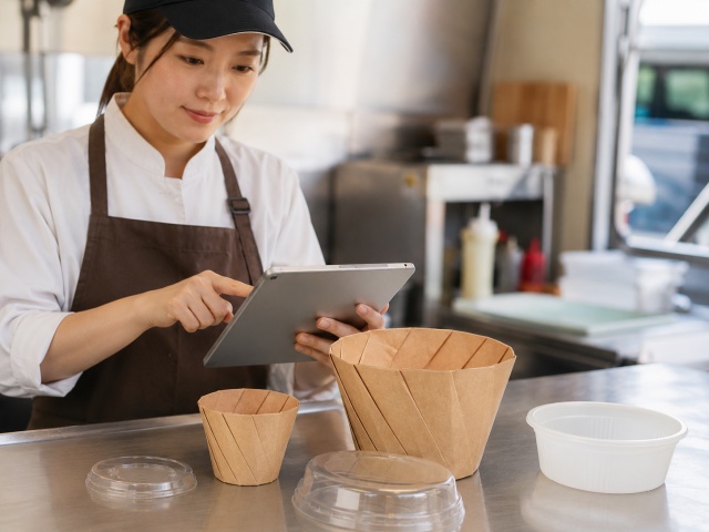 商品ページを見ながら、おりがみカップの蓋・中皿を確認している写真