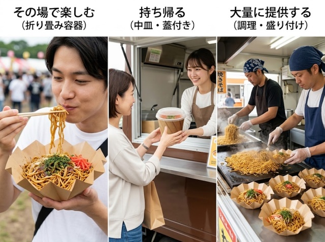 その場提供と持ち帰り販売と大量販売の違いが分かる場面写真