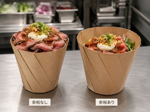 余裕のない盛り付けと余白のある盛り付けを比較した写真