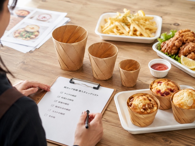 サイズ違いの紙カップと料理を並べて導入前確認をしている様子