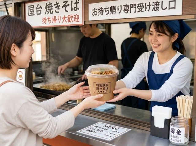 持ち帰り用の焼きそば容器を受け渡している様子