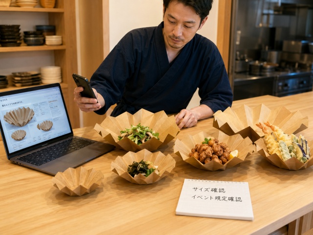 イベント出店前に紙容器のサイズや規定を確認する飲食店オーナー
