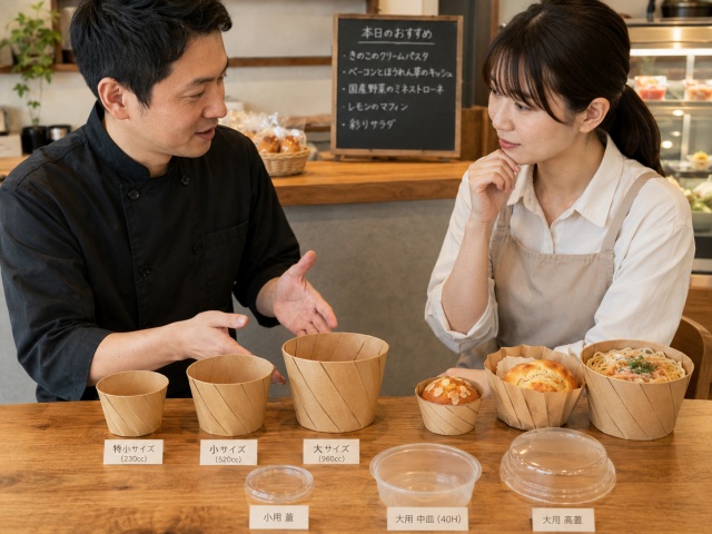 飲食店オーナーとスタッフがおりがみカップについて相談している写真