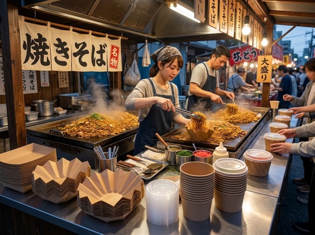 屋台で焼きそばを大量に盛り付けて提供している様子