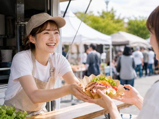 イベント会場でおりがみカップに盛り付けた料理を手渡す様子