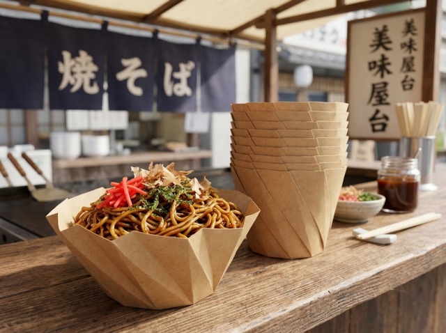 焼きそばを入れたおりがみカップと重ねた未使用容器