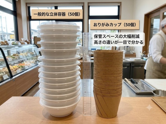 一般的な立体容器とおりがみカップの積み重ね比較