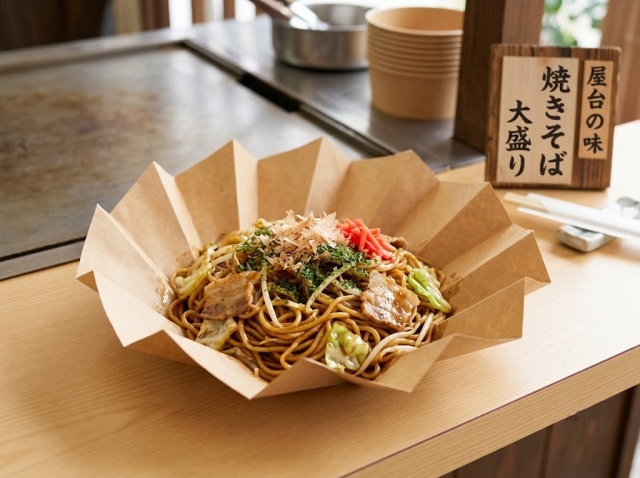 お皿状に開いたおりがみカップに入った焼きそば