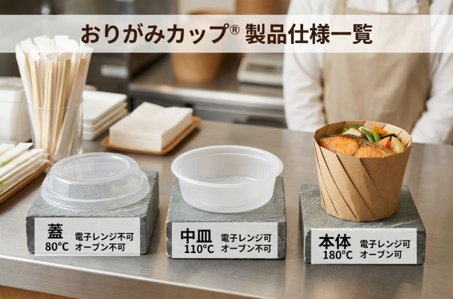おりがみカップ本体と蓋と中皿の耐熱条件の違い