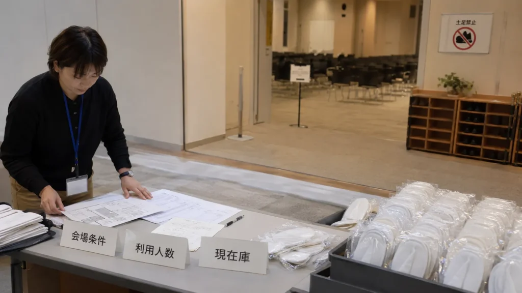 屋内イベントの会場条件、利用人数、スリッパ在庫を確認する運営担当者