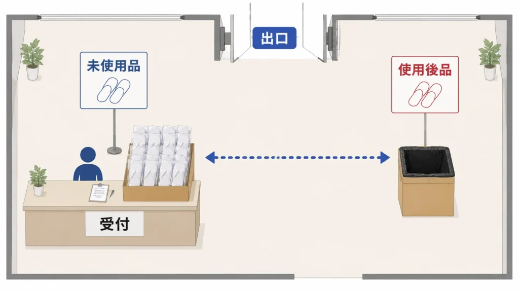 受付の未使用スリッパと出口側の使用後品回収箱を離した配置図
