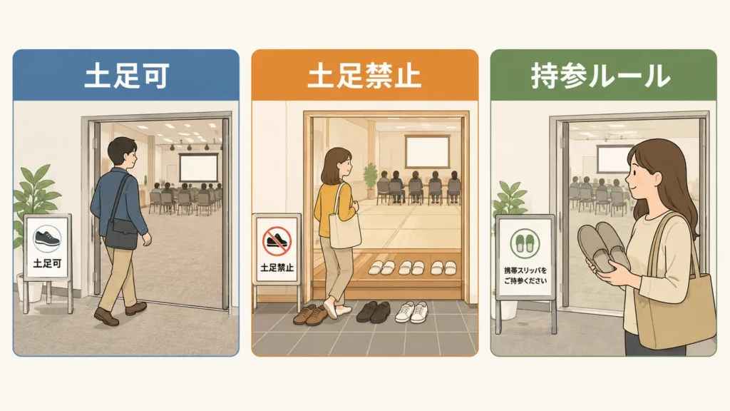 土足可、土足禁止、携帯スリッパ持参の会場ルールを比較した図
