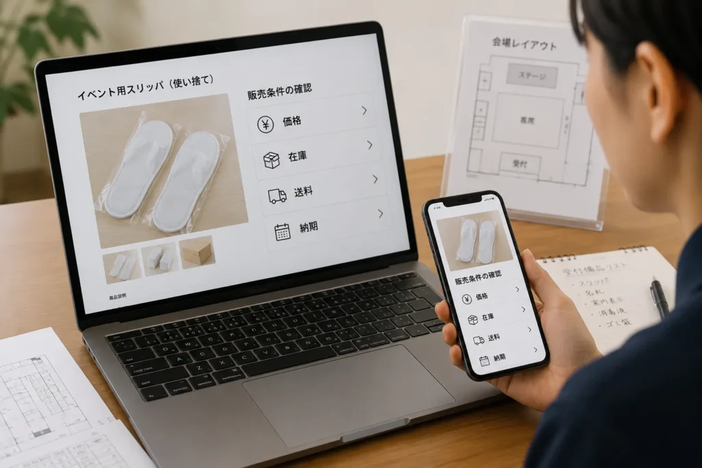 商品ページで価格、在庫、送料、納期を確認するイベント担当者