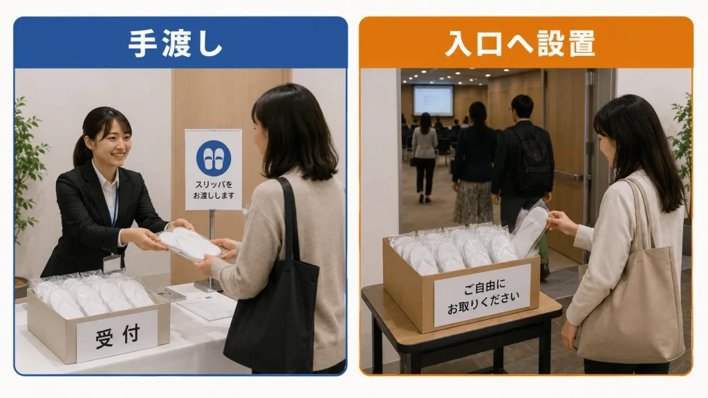 受付での手渡しと入口への設置によるスリッパ配布方法の比較