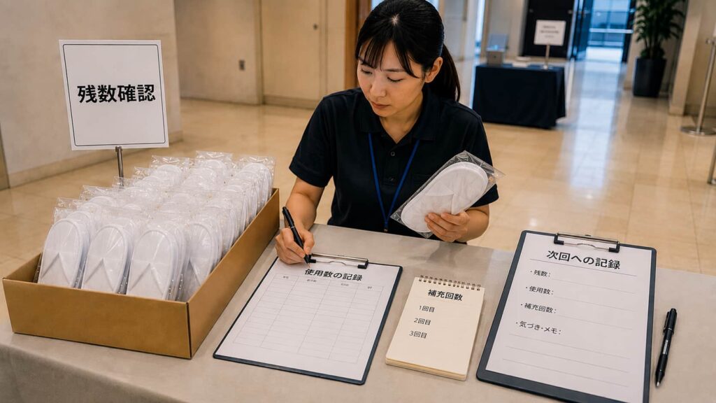 受付とは別の担当者がスリッパの残数を確認して補充する様子