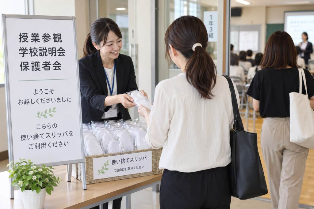 授業参観・学校説明会・保護者会の受付で、来校した保護者に使い捨てスリッパを配布している様子