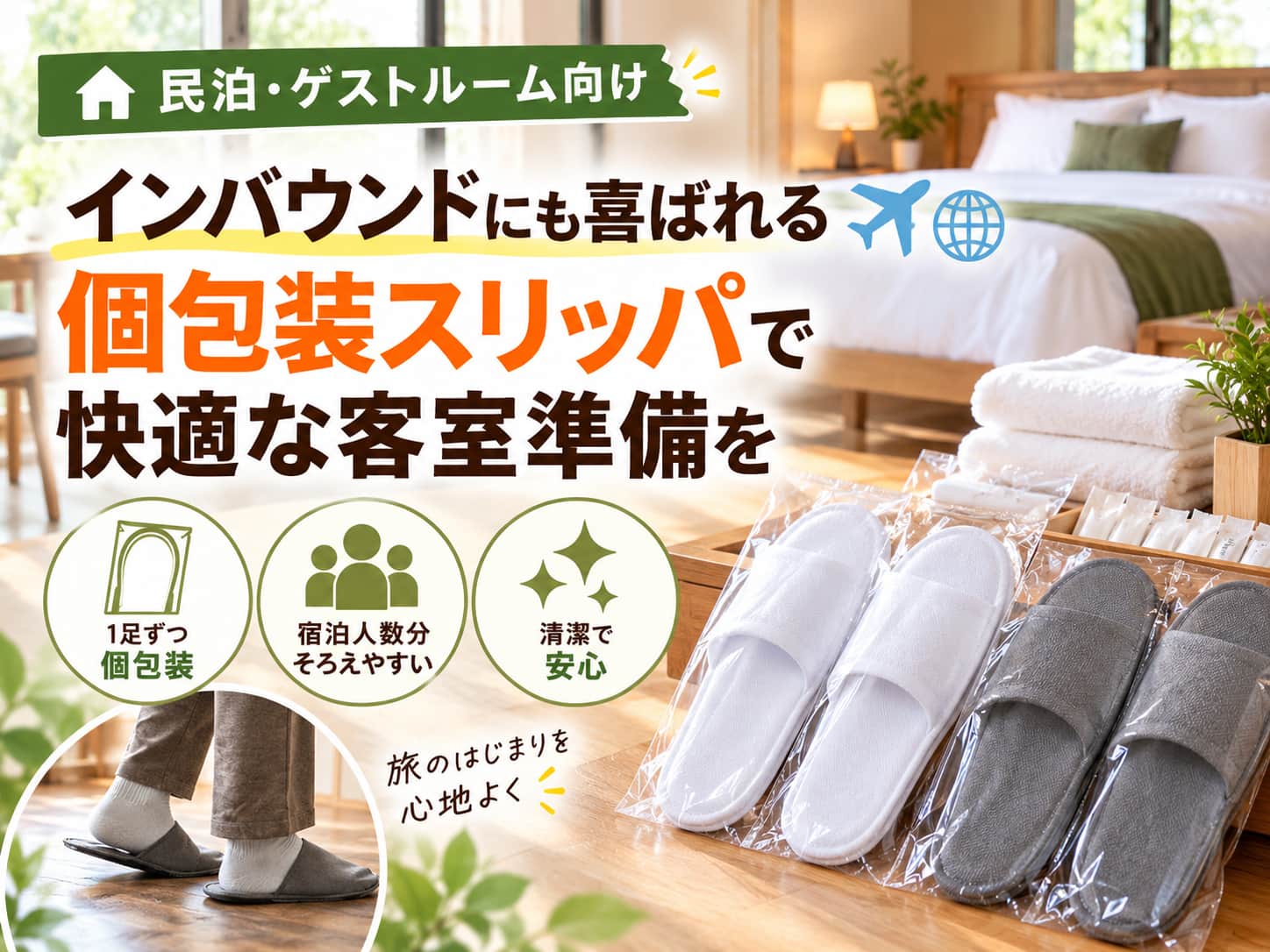民泊の客室に用意された個包装の使い捨てスリッパとタオル・アメニティ。宿泊人数分をそろえる客室準備のイメージ