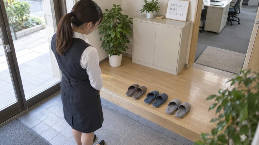オフィスの玄関に並べられた来客用の共用スリッパ