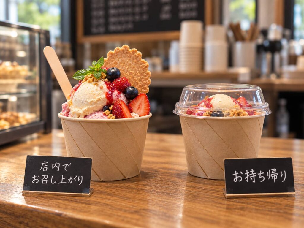 店頭ですぐ食べるアイスと蓋付きの持ち帰り用アイスの比較