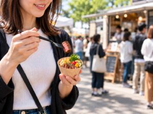 キッチンカーで購入したカットステーキを片手に持ってフォークで食べる様子