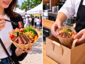イベント会場で食べる場面と店舗でカットステーキを持ち帰る場面の比較