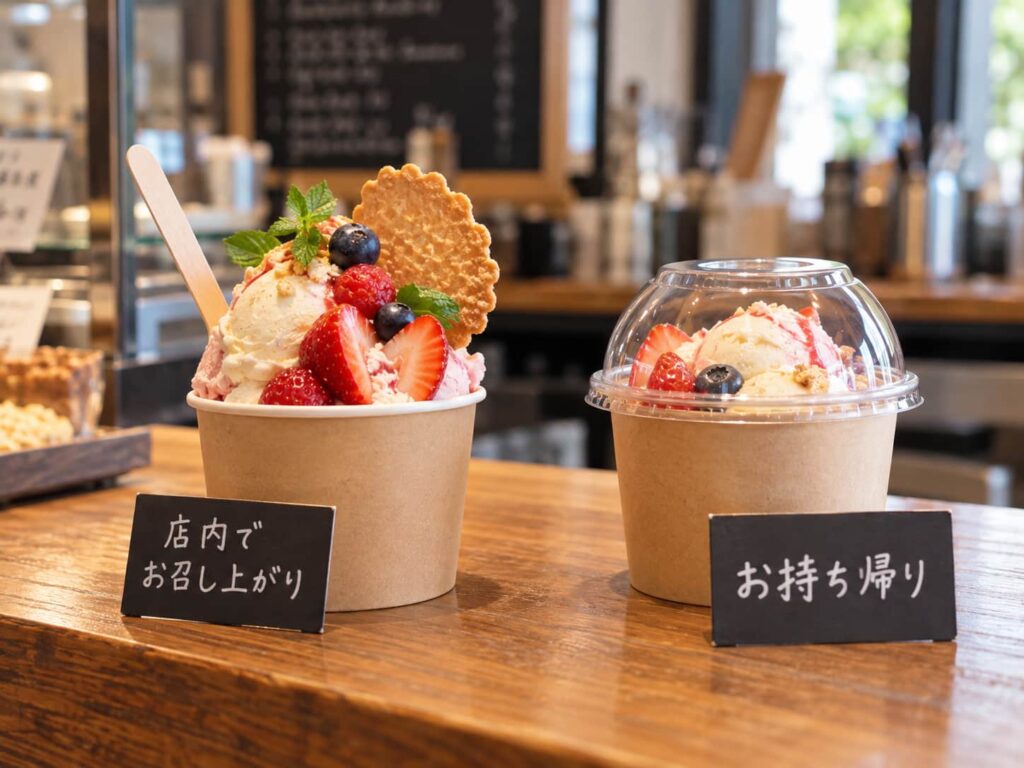店頭ですぐ食べるアイスと蓋付きの持ち帰り用アイスの比較