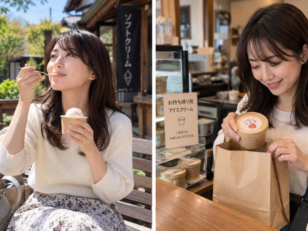 アイスクリームをその場で食べる場合と持ち帰る場合を比較した写真